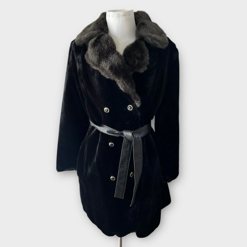 Vintage 70s Black Faux Fur Double Breasted Coat Belted Women's Small Retro Glam